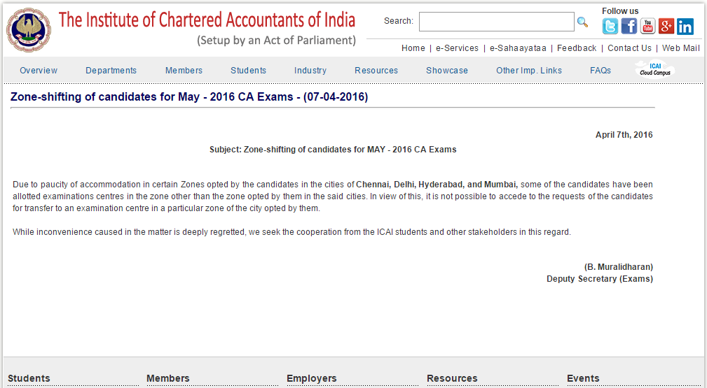 CA Exams Zone Shifting For Candidates May 2016