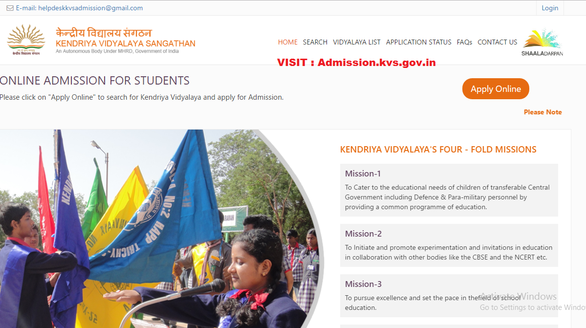 KVS Admission 2017 - 2018 Click the Apply Online Button