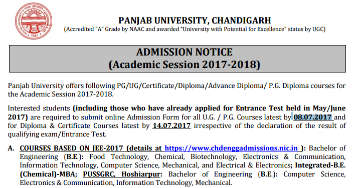 Panjab University Admission Form 2017-18