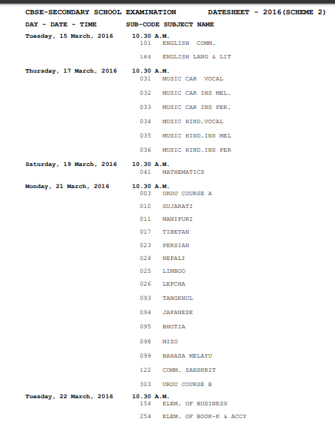 CBSE 1th Datesheet 2019
