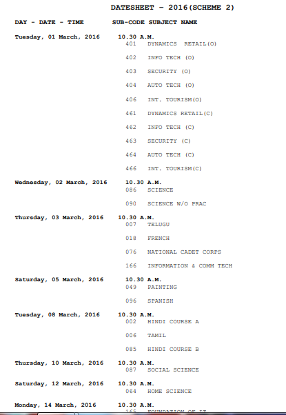 CBSE 1th Datesheet 2019