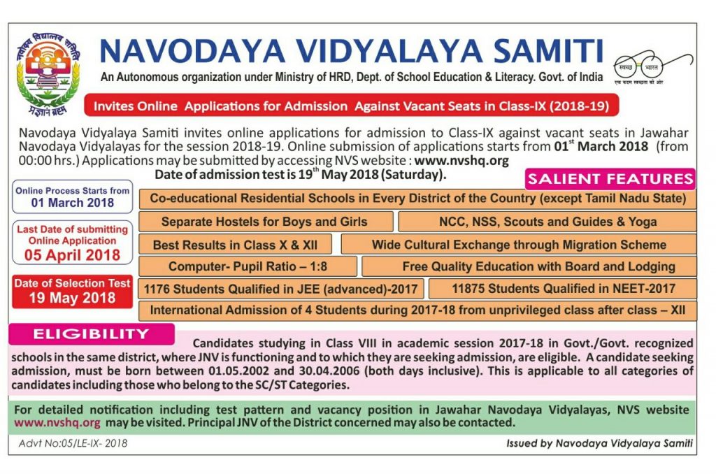 Navodaya Result 2018 Date