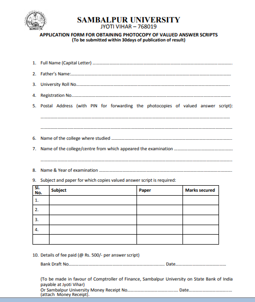 Sambalpur University Revaluation Form 2019