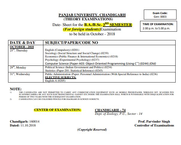 PUCHD Date Sheet 2019