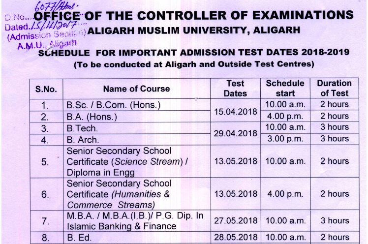 AMU BA BSc BCom Time Table 2019