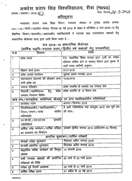 APSU Rewa BA BSC BCOM Time Table 2019