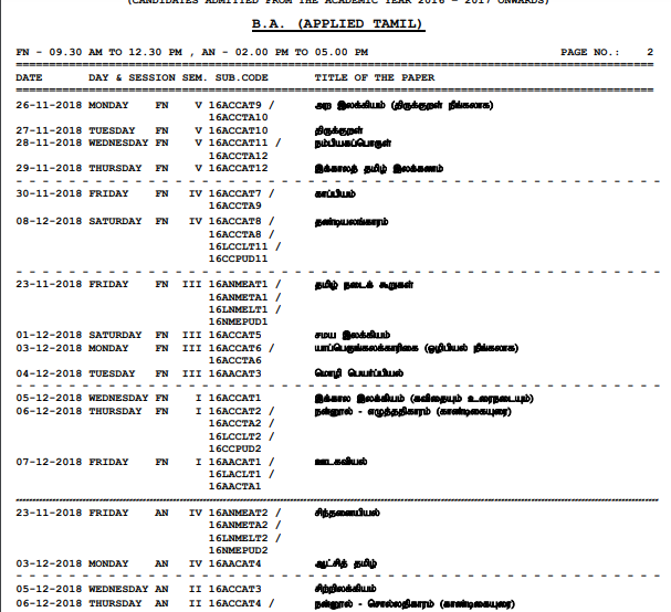 Bharathidasan University Exam Time Table 2019