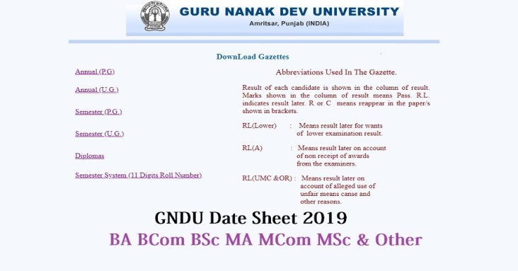 GNDU BA BSC BCOM Date Sheet 2019