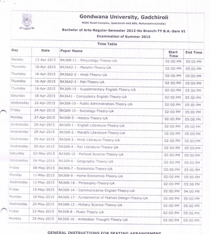 Gondwana University BA 1st Sem Time Table 2019