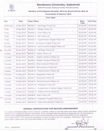 Gondwana University BA 1st Sem Time Table 2019