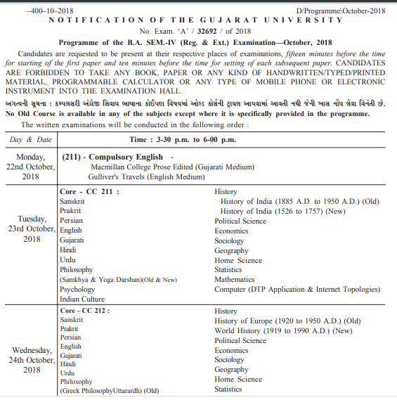 Gujarat University Time Table 2019