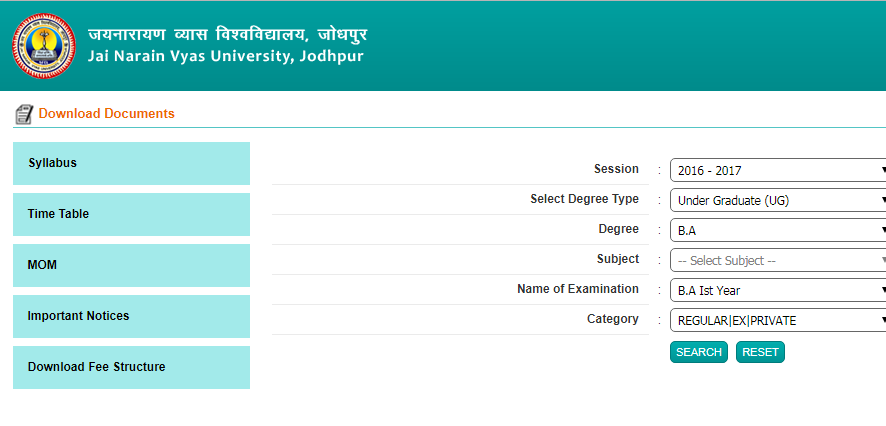 JNVU BA BSc BCom Time Table 2019