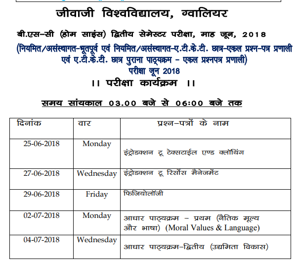 Jiwaji University Date Sheet 