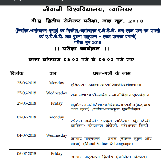 Jiwaji University Date Sheet