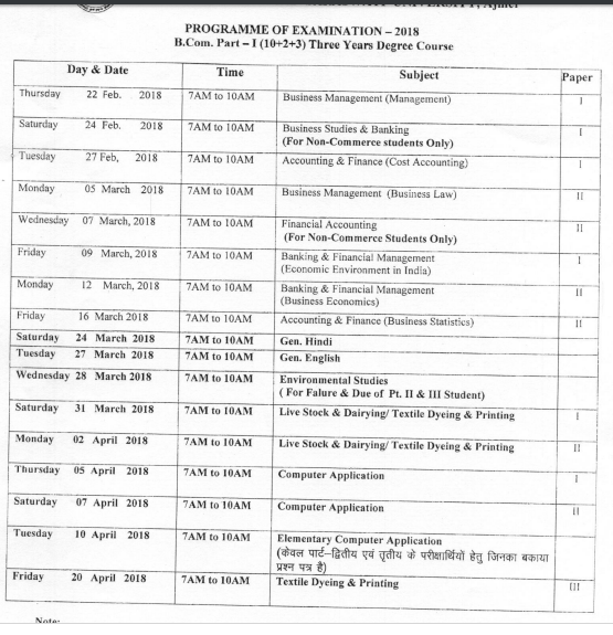 MDSU Ajmer BCom 2nd Year Time Table 2019