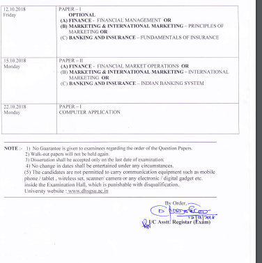 Dr Hari Singh Gour University Sagar Time Table 2019
