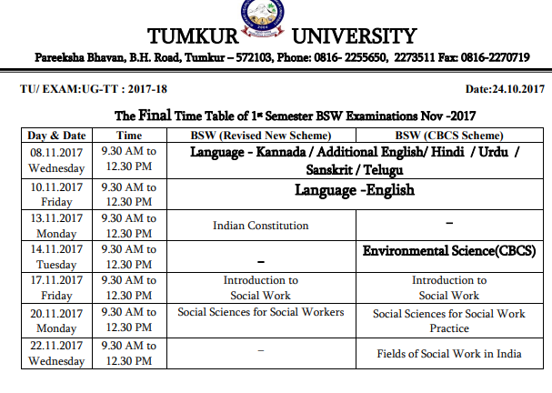 Tumkur University Date Sheet 2019