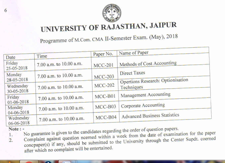 Uniraj MCom Final Time Table 2019