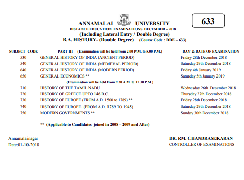 Annamalai University BA Time Table 2019Annamalai University BA Time Table 2019