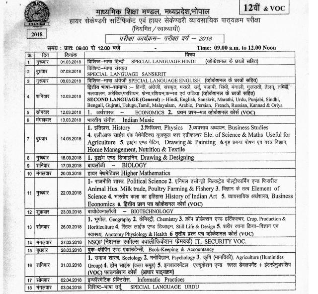 Mp Board Class 11th Time Table 2020 Mpbse 9th Xi Date Sheet