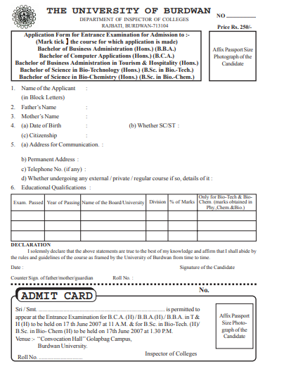 Burdwan University BA Admit Card 2019