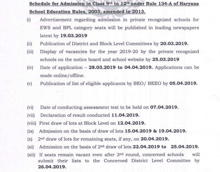 Haryana State Rule 134-A class 2 to 8 Admission 2019