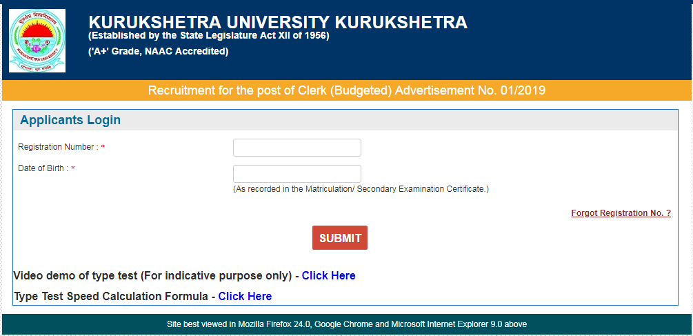 Kurukshetra University Clerk Admit Card 2019 