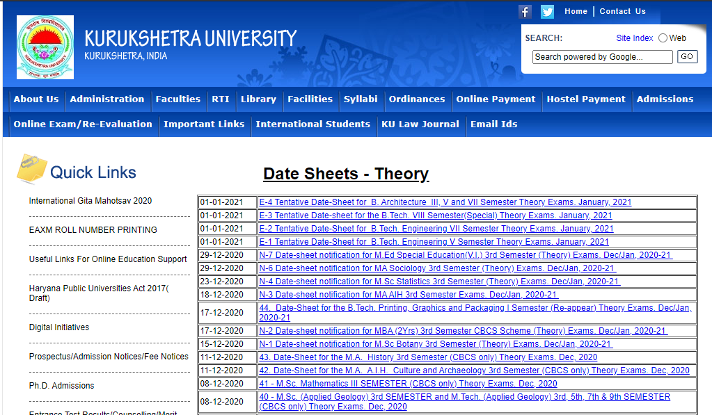 KUK Date Sheet 2021