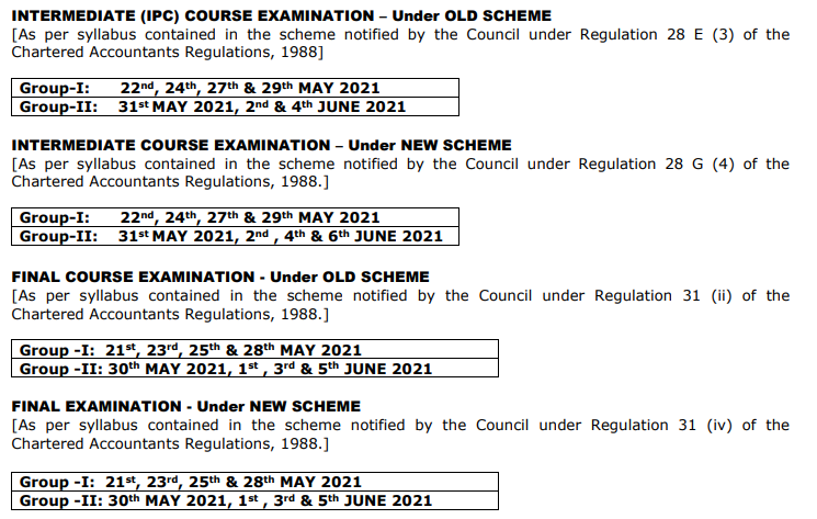 ICAI Date Sheet May 2021