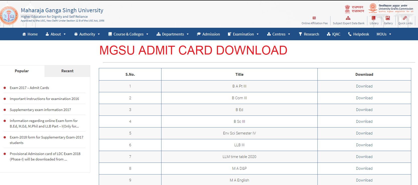 MGSU Admit Card